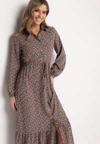 Born2be - Ciemnozielona Sukienka Hesolis. Kolor: zielony. Wzór: aplikacja, kwiaty, nadruk. Typ sukienki: koszulowe. Styl: klasyczny. Długość: maxi #2