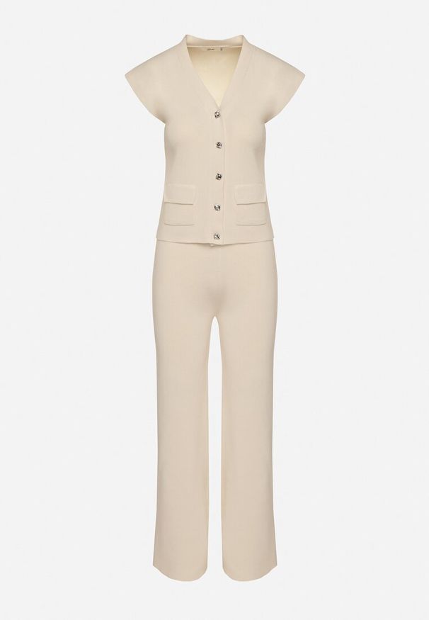 Born2be - Jasnobeżowy Komplet Kamizelka na Guziki i Proste Spodnie z Gumką w Pasie Anniola. Kolor: beżowy