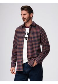 Ombre Clothing - Koszula męska flanelowa w kratę - granatowo-ceglasta V6 OM-SHCS-0150 - XXL. Kolor: niebieski. Materiał: bawełna. Styl: klasyczny #5