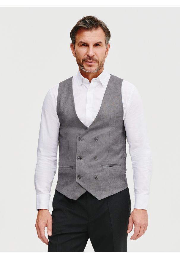 Pako Lorente - PAKO LORENTE – Szara dwurzędowa kamizelka męska. Kolor: szary. Materiał: poliester, elastan, wiskoza. Styl: elegancki, młodzieżowy