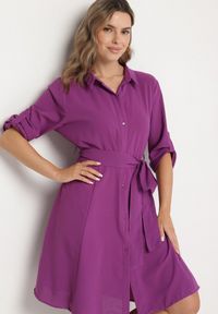 Born2be - Fioletowa Rozkloszowana Mini Sukienka Zapinana na Guziki z Materiałowym Paskiem Vleco. Kolor: fioletowy. Materiał: materiał. Długość: mini #6