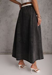 Renee - Czarna Bawełniana Spódnica Jeansowa o Rozkloszowanym Kroju z Ozdobnym Paskiem Eatiane. Okazja: na co dzień. Kolor: czarny. Materiał: jeans, bawełna. Styl: casual, klasyczny #5