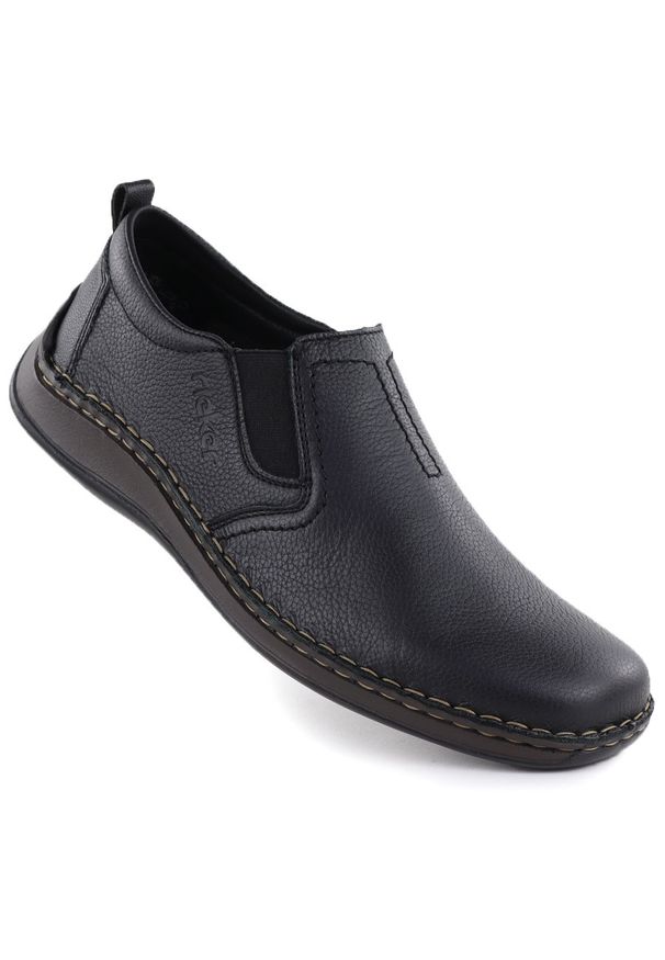 Skórzane półbuty męskie wsuwane czarne Rieker 05264-00. Zapięcie: bez zapięcia. Kolor: czarny. Materiał: skóra