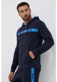 BOSS bluza bawełniana męska kolor niebieski z kapturem z nadrukiem. Typ kołnierza: kaptur. Kolor: niebieski. Materiał: bawełna. Długość rękawa: raglanowy rękaw. Wzór: nadruk