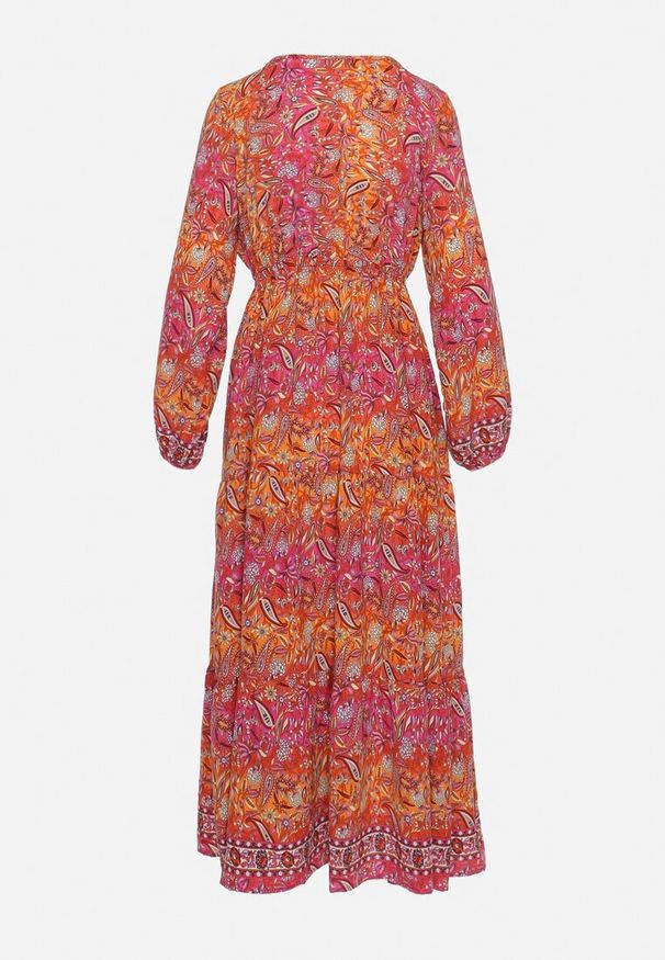 Born2be - Czerwona Sukienka Rozkloszowana z Falbanką w Print Paisley Kapiss. Typ kołnierza: dekolt w kształcie V. Kolor: czerwony. Długość rękawa: długi rękaw. Wzór: paisley, nadruk. Styl: klasyczny, elegancki