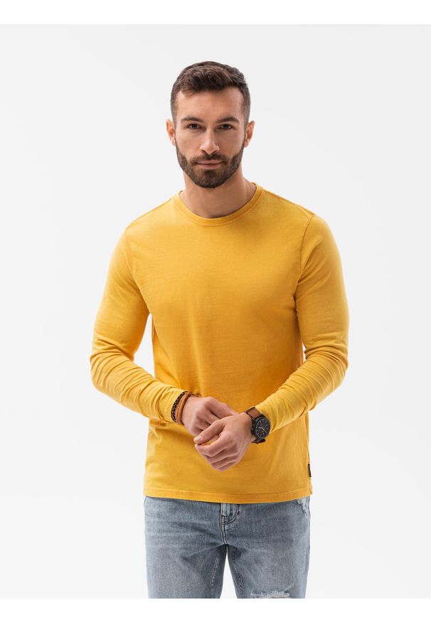 Ombre Clothing - Longsleeve męski bez nadruku L131 - musztardowy - XXL. Kolor: żółty. Materiał: bawełna. Długość rękawa: długi rękaw