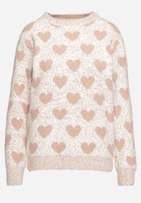 Born2be - Różowo-Beżowy Sweter z Wełną o Prostym Kroju Zdobiony Wzorem w Serca Zenina. Kolor: różowy. Materiał: wełna. Wzór: aplikacja. Sezon: zima #6