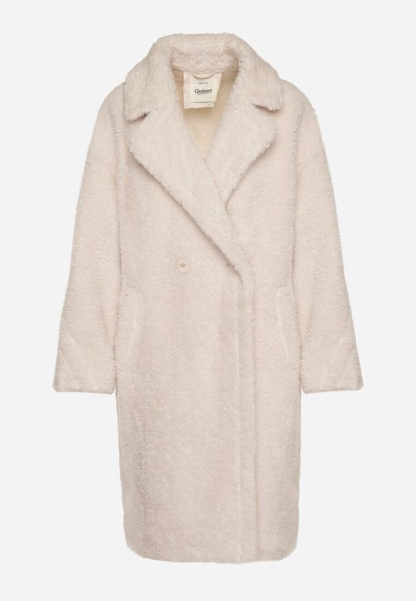 Born2be - Biały Dwurzędowy Płaszcz Teddy o Fasonie Oversize Anerre. Typ kołnierza: golf. Kolor: biały. Materiał: dzianina, wełna, jeans. Styl: elegancki