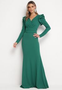 Born2be - Zielona Sukienka Maxi z Kopertowym Dekoltem i Falbankami Serrila. Typ kołnierza: kołnierz z falbankami. Kolor: zielony. Typ sukienki: kopertowe. Długość: maxi #2