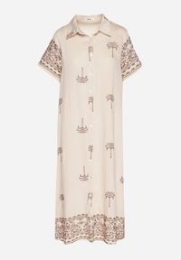 Born2be - Beżowa Pudełkowa Sukienka z Wiskozą o Koszulowym Kroju Zdobiona Haftem Sanori. Okazja: na co dzień. Kolor: beżowy. Materiał: wiskoza. Długość rękawa: krótki rękaw. Wzór: aplikacja, haft. Typ sukienki: koszulowe. Styl: klasyczny, casual #5