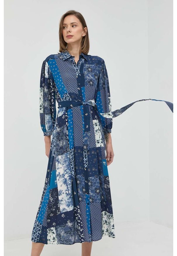 Weekend Max Mara sukienka jedwabna kolor granatowy midi rozkloszowana. Kolor: niebieski. Materiał: jedwab. Typ sukienki: rozkloszowane. Długość: midi