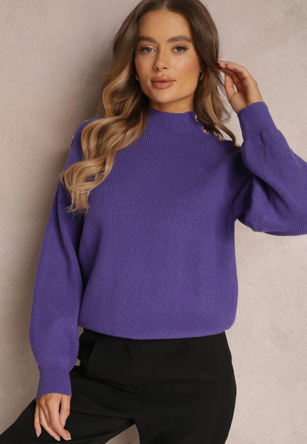 Renee - Fioletowy Sweter Dzianinowy z Długim Rękawem i Guzikami Kithi. Kolor: fioletowy. Materiał: dzianina. Długość rękawa: długi rękaw. Długość: długie