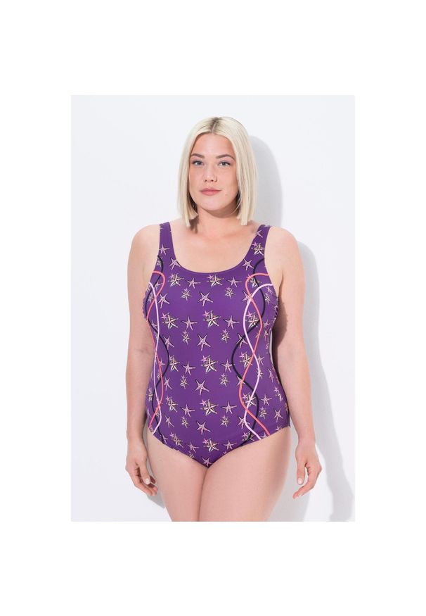 ULLA POPKEN - Damskie Strój kąpielowy rozgwiazdy bez miękkich miseczek zdobna lamówka. Kolekcja: plus size. Kolor: fioletowy. Materiał: poliamid, poliester, materiał, elastan