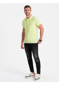 Ombre Clothing - Koszulka męska polo z dzianiny pique - limonkowy V15 - Rozmiar: M. Typ kołnierza: polo. Materiał: dzianina. Wzór: haft. Styl: klasyczny