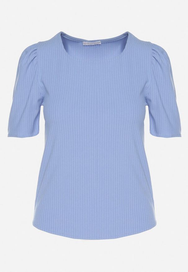 Born2be - Niebieski Prążkowany T-shirt z Zakładkami przy Rękawach Kolanovia. Okazja: na co dzień. Kolor: niebieski. Materiał: prążkowany. Styl: casual