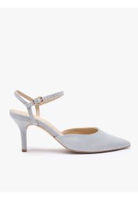 Ryłko - Jasnoniebieskie czółenka ze skóry welurowej. Nosek buta: szpiczasty. Zapięcie: pasek. Kolor: niebieski. Materiał: welur, skóra. Sezon: wiosna, lato. Obcas: na obcasie. Styl: street. Wysokość obcasa: średni #1