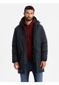 Ombre Clothing - Klasyczna długa męska kurtka typu parka – czarna V6 - Rozmiar: S. Typ kołnierza: kaptur. Kolor: czarny. Materiał: guma, syntetyk, poliester, materiał. Długość: długie. Wzór: gładki, aplikacja. Styl: klasyczny #4