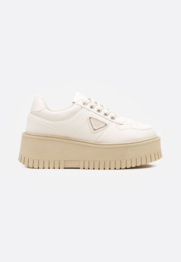 Renee - Beżowe Sneakersy na Platformie z Tłoczeniem Halinea. Okazja: na co dzień, na imprezę. Kolor: beżowy. Materiał: skóra, jeans. Obcas: na platformie