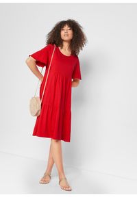 bonprix - Sukienka z dżerseju z czystej bawełny. Typ kołnierza: dekolt w serek. Kolor: czerwony. Materiał: jersey, bawełna. Wzór: gładki. Długość: midi #1