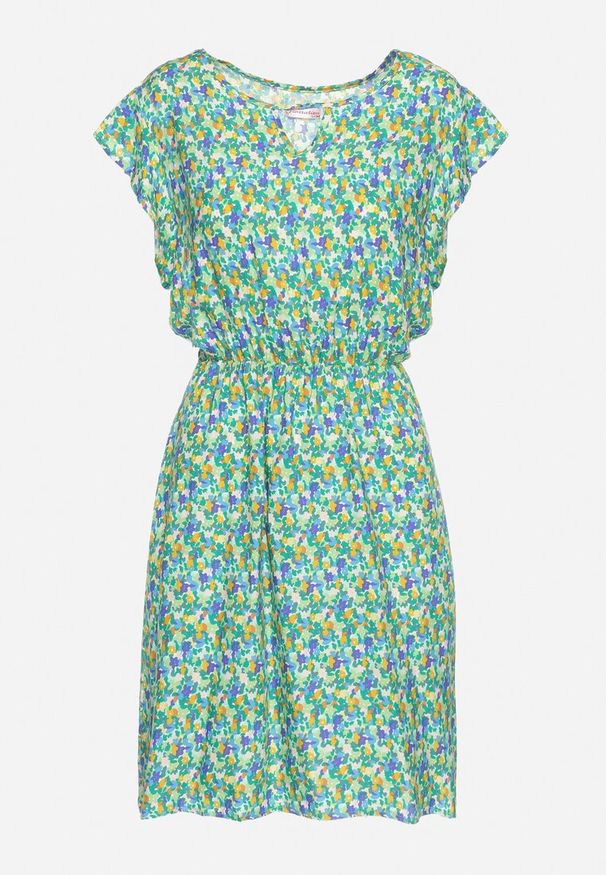 Born2be - Zielona Bawełniana Sukienka w Kwiaty z Gumką w Talii i Falbanką Dimllara. Okazja: na co dzień. Kolor: zielony. Materiał: bawełna. Wzór: kwiaty. Styl: elegancki, casual, klasyczny