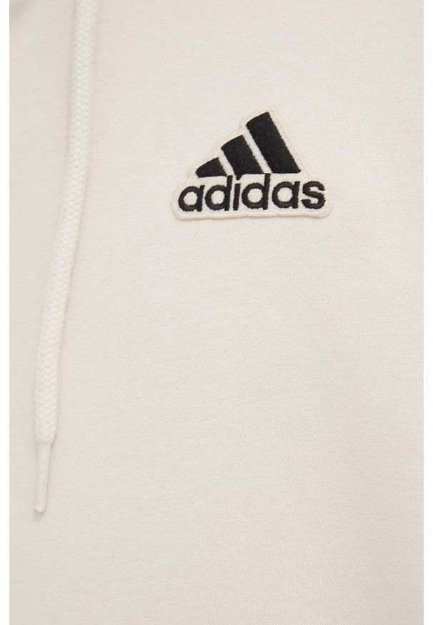 Adidas - adidas bluza męska kolor beżowy z kapturem z aplikacją. Typ kołnierza: kaptur. Kolor: beżowy. Materiał: poliester, bawełna. Wzór: aplikacja