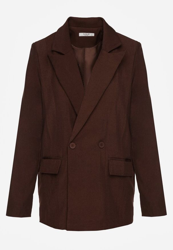 Renee - Brązowa Marynarka Dwurzędowa o Kroju Oversize Clasora. Typ kołnierza: golf. Kolor: brązowy. Materiał: poliester. Styl: klasyczny