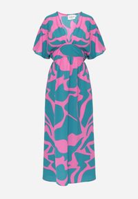 Renee - Niebiesko-Różowa Rozkloszowana Sukienka z Gumką w Talii i Rozcięciami Fienda. Okazja: na co dzień. Typ kołnierza: dekolt w kształcie V. Kolor: niebieski. Sezon: wiosna, lato. Styl: elegancki, klasyczny, casual #5