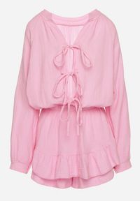 Born2be - Różowy Wiązany Bawełniany Kombinezon Boho z Falbankami i Wiązaniem Lalelia. Okazja: na imprezę, na co dzień. Kolor: różowy. Materiał: bawełna. Sezon: lato. Styl: boho #3