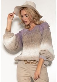 Fobya - Kolorowy Sweter z Bufiastym Rękawem - Lawendowy. Kolor: fioletowy. Materiał: wełna, poliakryl. Wzór: kolorowy