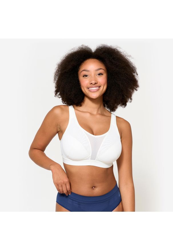 Stanik sportowy Decathlon. Kolekcja: plus size. Kolor: biały. Materiał: skóra, materiał, elastan. Sport: fitness