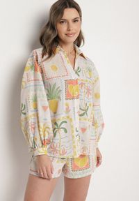 Born2be - Beżowo-Żółta Koszula o Kroju Oversize ze Wzorem Palm i Owoców Rinewena. Okazja: na co dzień. Kolor: żółty. Styl: wakacyjny, elegancki, casual #3
