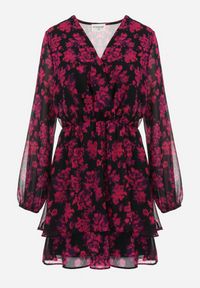 Born2be - Różowa Sukienka Mini o Rozkloszowanym Kroju z Kopertowym Dekoltem Attavia. Typ kołnierza: kołnierz z falbankami. Kolor: różowy. Typ sukienki: kopertowe. Długość: mini #2