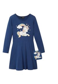 Sukienka dziewczęca z dżerseju + torebka (2 części), bawełna organiczna bonprix niebieski. Kolor: niebieski. Materiał: jersey, materiał, bawełna. Wzór: aplikacja, nadruk #1