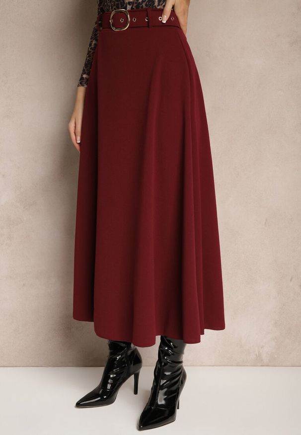 Renee - Bordowa Spódnica o Rozkloszowanym Kroju Melobia. Okazja: na co dzień. Kolor: czerwony. Wzór: gładki, aplikacja. Styl: elegancki, casual