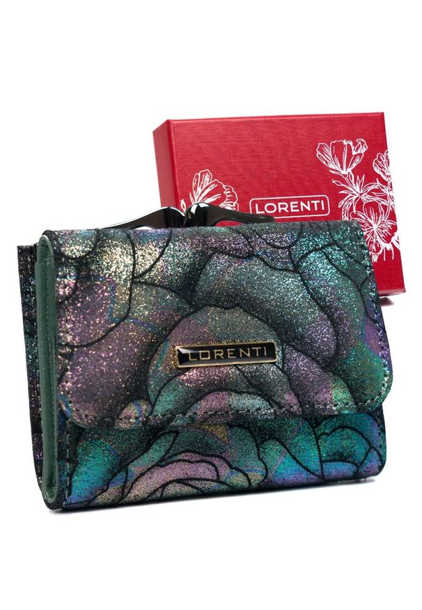 LORENTI - Portfel skórzany Lorenti 55287-MD zielony. Kolor: zielony. Materiał: skóra. Wzór: kwiaty