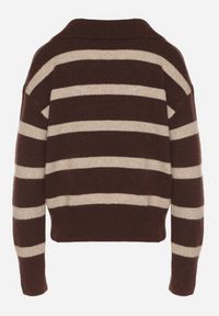 Born2be - Brązowy Sweter w Paski z Wełną i Dekoltem z Kołnierzykiem Tevana. Okazja: na co dzień. Typ kołnierza: dekolt w serek. Kolor: brązowy. Materiał: wełna. Wzór: paski. Styl: elegancki, casual, klasyczny #5