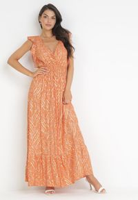 Born2be - Pomarańczowa Maxi Sukienka Wiskozowa z Gumką w Talii i Metalicznym Nadrukiem Fianre. Kolor: pomarańczowy. Materiał: wiskoza. Wzór: nadruk. Typ sukienki: kopertowe. Długość: maxi #1