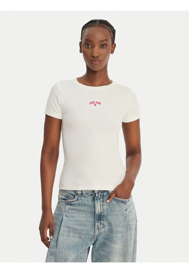Guess Jeans T-Shirt W6GPZ3 KA0H1 Écru Slim Fit. Kolor: kremowy. Materiał: bawełna