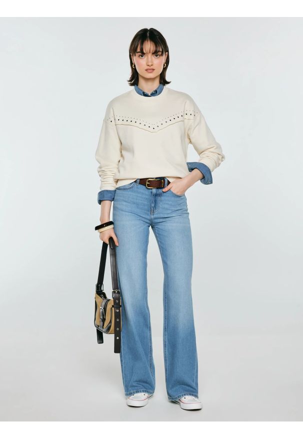 Big-Star - Bluza damska z linii Authentic perłowa Frolia 103. Okazja: na co dzień. Kolor: kremowy. Materiał: dzianina, skóra, materiał. Długość rękawa: długi rękaw. Długość: długie. Wzór: aplikacja, ze splotem. Styl: casual, klasyczny, elegancki