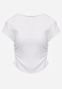 Born2be - Biały Bawełniany T-shirt w Prążki o Dopasowanym Kroju z Marszczeniem Cherita. Okazja: na co dzień. Kolor: biały. Materiał: bawełna. Wzór: prążki. Styl: sportowy, casual #5