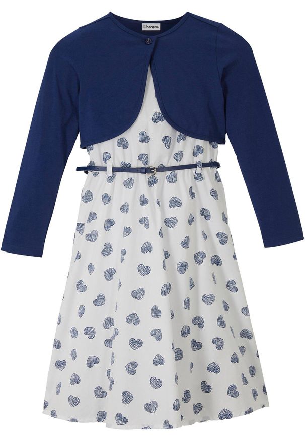 bonprix - Sukienka + bolerko + pasek (3 części). Kolor: niebieski. Wzór: nadruk