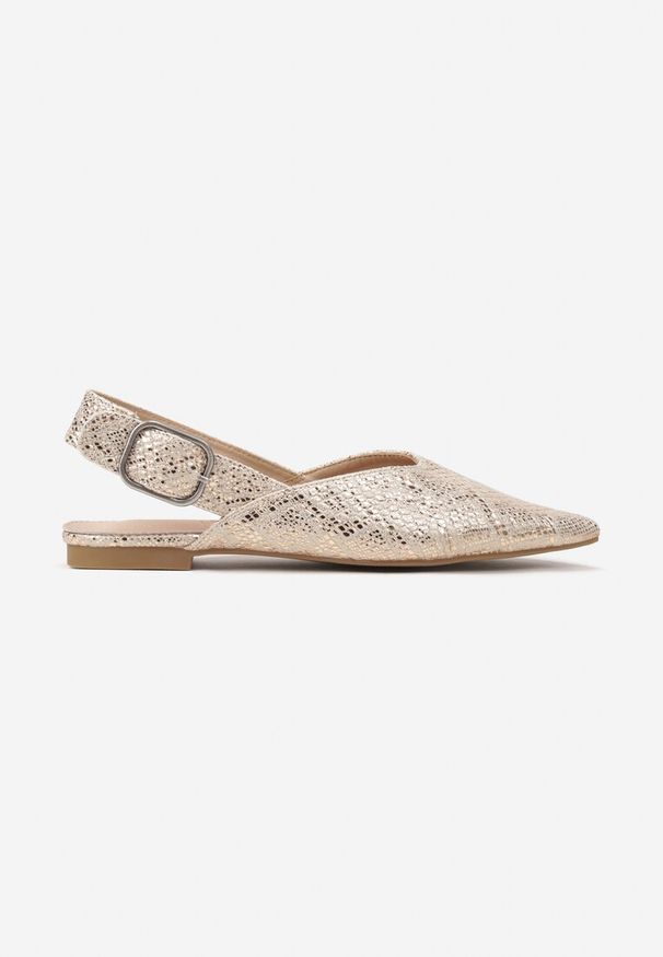 Renee - Złote Sandały Vices Typu Slingback z Wkładką ze Skóry Naturalnej Rallora. Okazja: na spacer, na co dzień. Zapięcie: sprzączka. Kolor: złoty. Materiał: skóra. Wzór: nadruk. Obcas: na obcasie. Styl: elegancki, casual. Wysokość obcasa: średni
