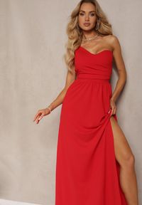 Renee - Czerwona Asymetryczna Koktajlowa Sukienka o Długim Rozkloszowanym Kroju Erulia. Okazja: na imprezę. Kolor: czerwony. Wzór: aplikacja. Typ sukienki: asymetryczne. Styl: wizytowy #3