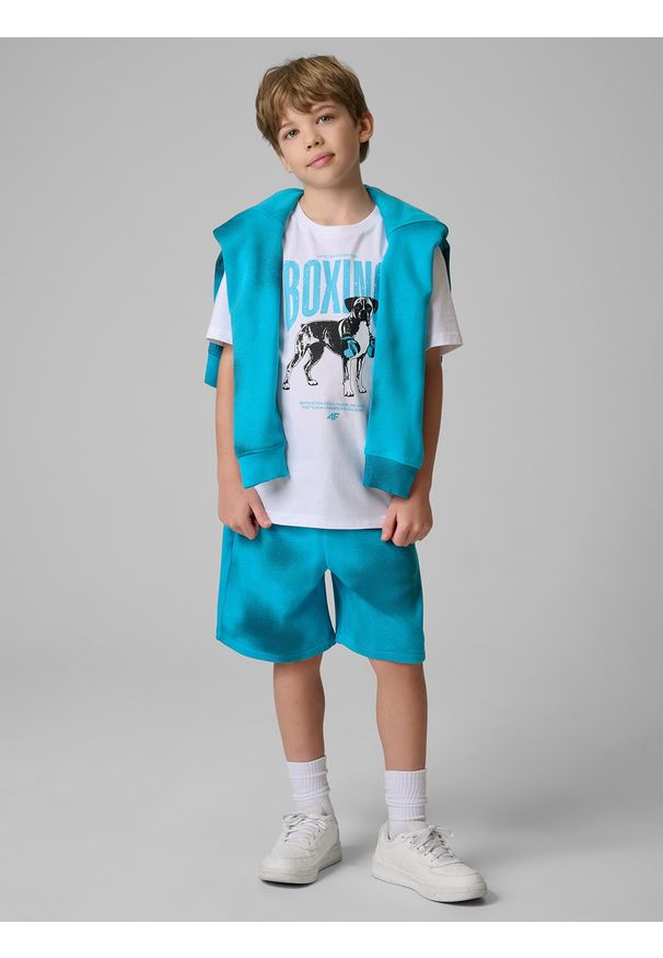 4f - 4F T-shirt regular z nadrukiem chłopięcy - biały 158 (12-13 lat). Okazja: na co dzień, na uczelnię. Kolor: biały. Materiał: materiał. Wzór: nadruk. Sezon: lato. Styl: casual, sportowy