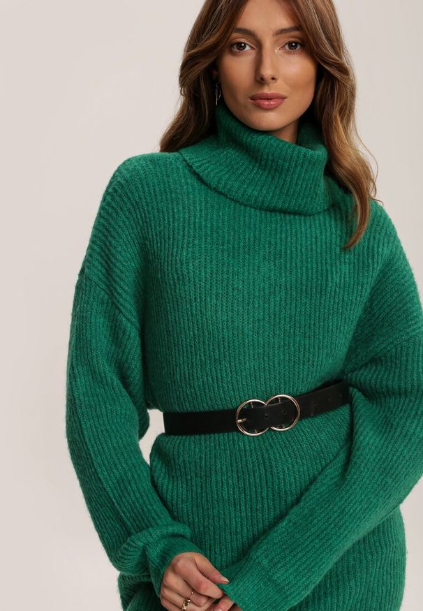 Renee - Zielony Golf Oversize Malia. Okazja: na co dzień. Typ kołnierza: golf. Kolor: zielony. Materiał: dzianina, skóra, jeans, wiskoza. Długość rękawa: długi rękaw. Długość: długie. Wzór: ze splotem, prążki. Styl: casual, klasyczny