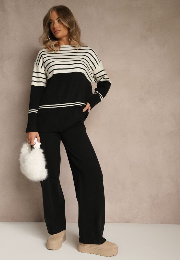 Renee - Czarny Komplet z Dzianiny z Wełną Pasiasty Sweter i Spodnie Ralleia. Kolor: czarny. Materiał: dzianina, wełna. Wzór: paski