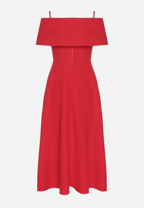 Born2be - Czerwona Sukienka o Rozkloszowanym Kroju na Ramiączkach z Wywijanym Dekoltem Jenathia. Okazja: na wesele, na ślub cywilny, na studniówkę, na imprezę. Kolor: czerwony. Długość rękawa: na ramiączkach