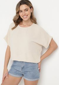 Born2be - Beżowa Bluzka o Kroju Nietoperza Faderia. Okazja: na co dzień. Kolor: beżowy. Materiał: jeans. Styl: casual