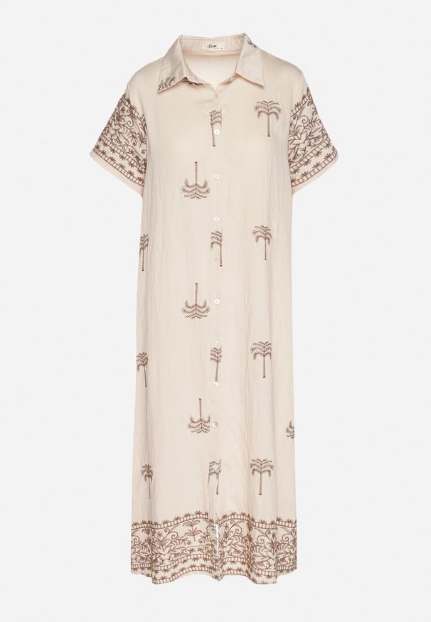 Born2be - Beżowa Pudełkowa Sukienka z Wiskozą o Koszulowym Kroju Zdobiona Haftem Sanori. Okazja: na co dzień. Kolor: beżowy. Materiał: wiskoza. Długość rękawa: krótki rękaw. Wzór: aplikacja, haft. Typ sukienki: koszulowe. Styl: casual, klasyczny