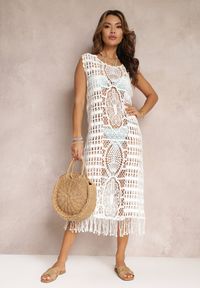 Renee - Biała Plażowa Sukienka Szydełkowa z Frędzlami Thoument. Okazja: na plażę. Kolor: biały. Styl: wakacyjny
